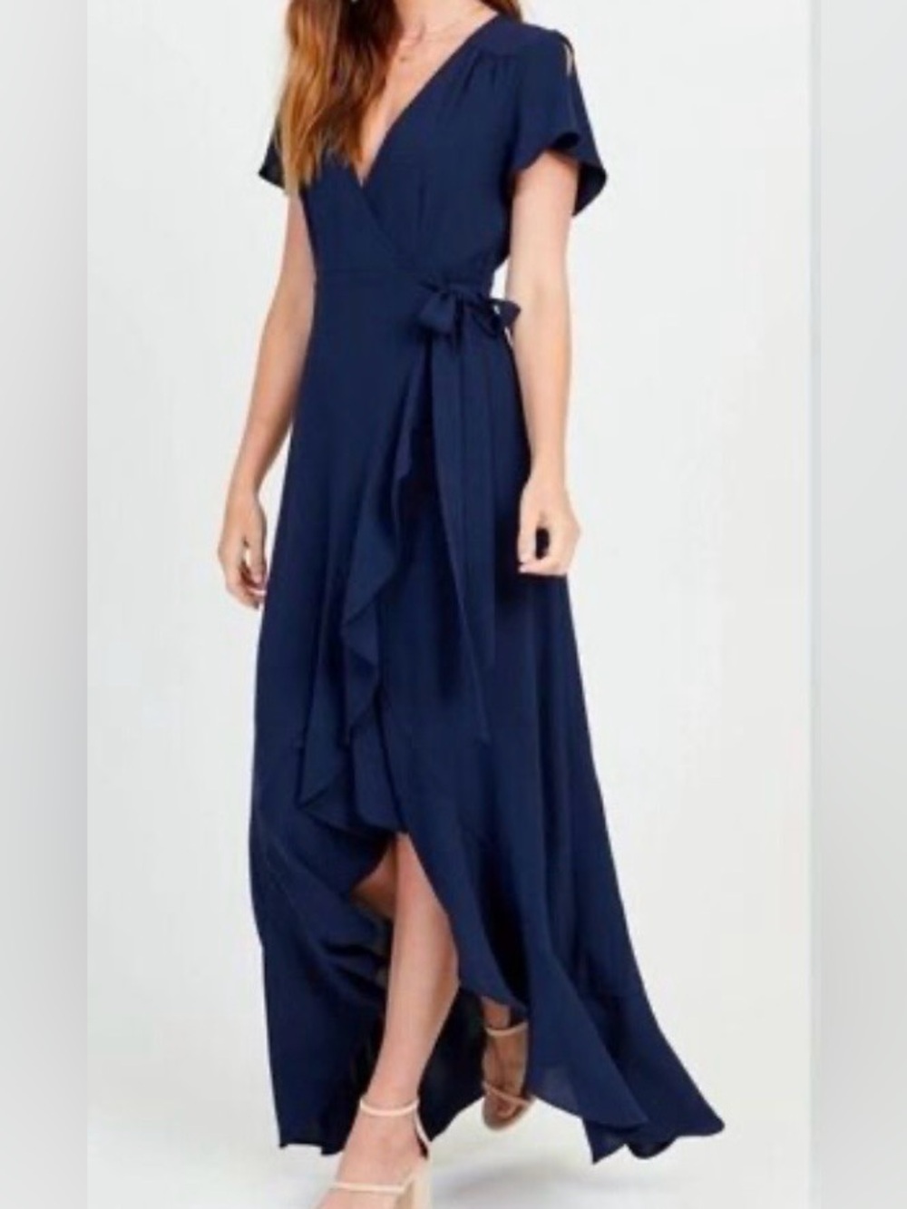 Navy Blue Faux Wrap Maxi Dress Flutter Sleeves Size Small Wedding Bridesmaid